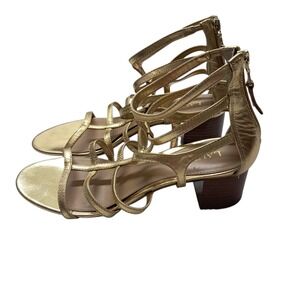 Lauren Ralph Lauren Sandals Women 7 Gold Metallic Strappy Gladiator Block Heel